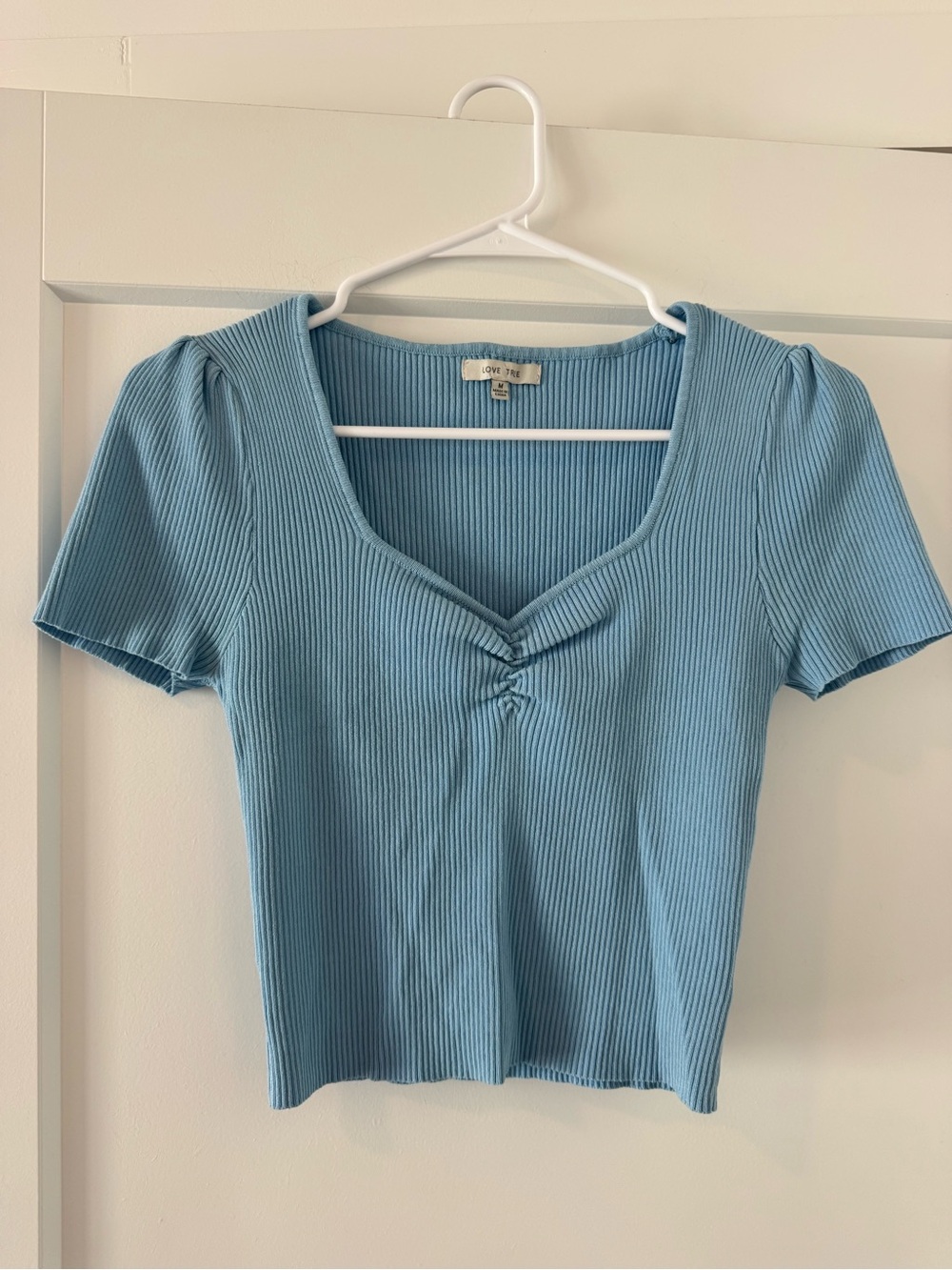 Love Tree Ribbed V-Neck Top in Dusty Blue